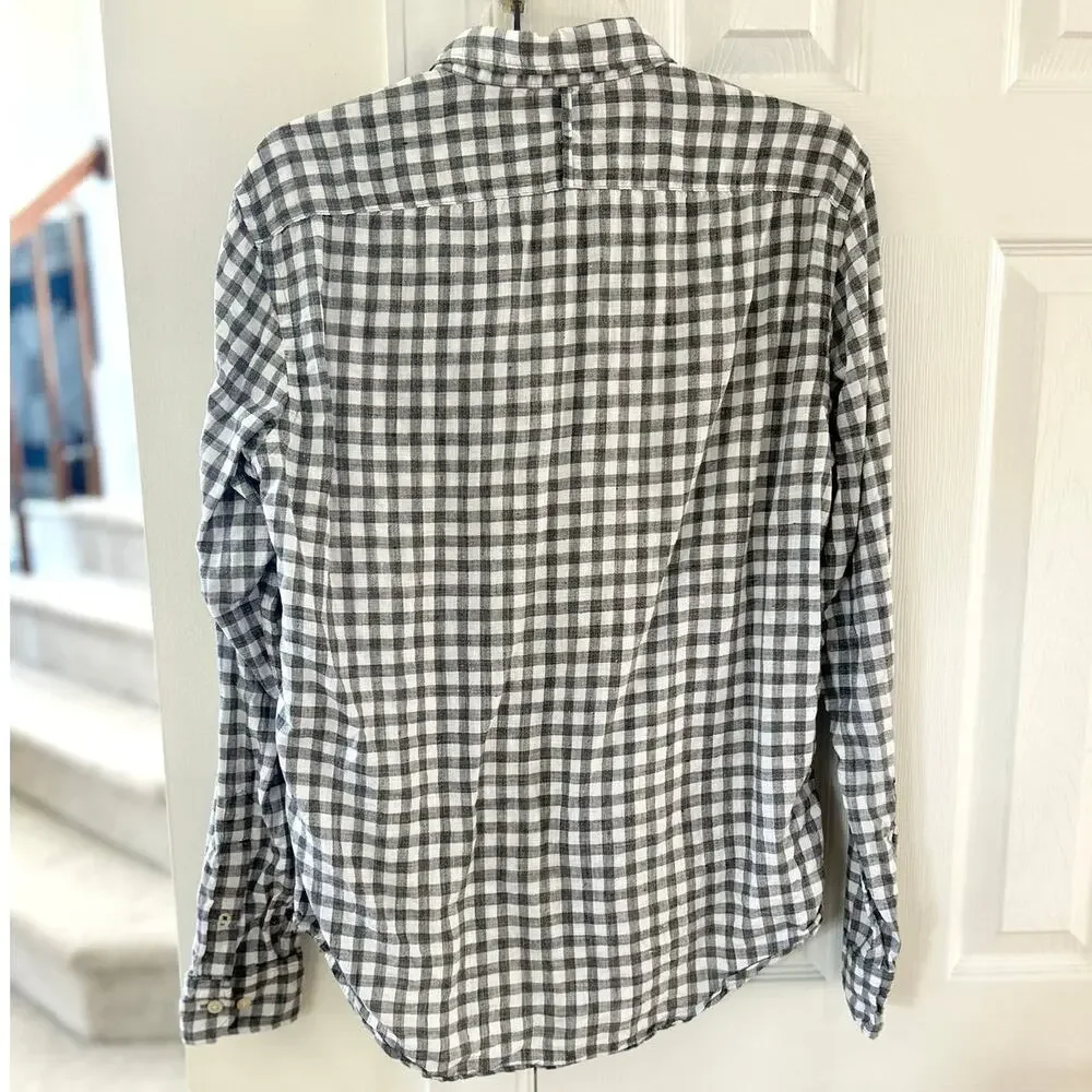 Banana Republic Camden Grey White Gingham Plaid Linen Long Sleeve Shirt
